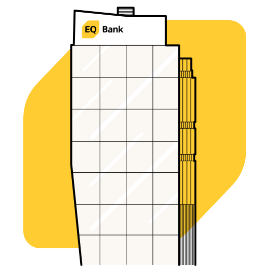 Illustration of EQ Bank Tower on top of the EQ Bank yellow brand jewel.