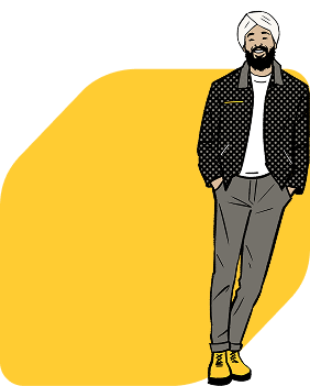 Illustration of smiling man wearing jacket and turban, placed on top of the EQ Bank yellow brand jewel.