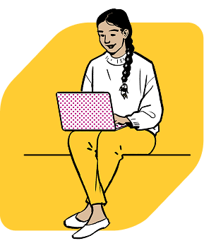 Illustration of young woman working on a laptop.