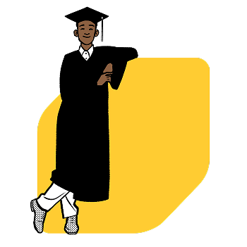 Illustration of a young man wearing a graduation gown and cap, leaning against the EQ Bank yellow brand jewel.